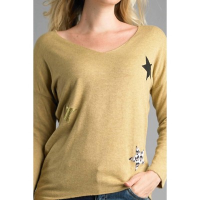 Women's Lightweight V Neckline Sweater With Stars In Mustard - TEMPO PARIS