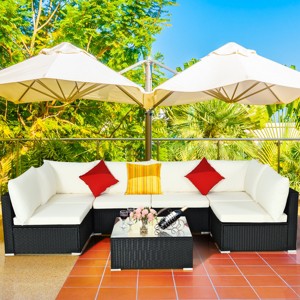 Costway 7PCS Patio Rattan Furniture Set Sectional Sofa Cushioned Glass Table Steel Frame - 1 of 4