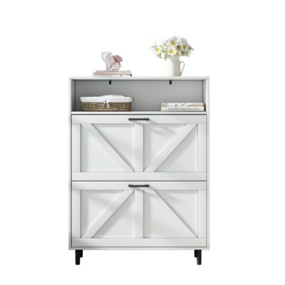 TIRAMISUBEST Farmhouse Shoe Cabinet - Barn Door, 2 Flip-Down Drawers (31"W x 44"H)