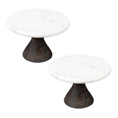 Marble Pedestal Tray with Wood Base (Set of 2)