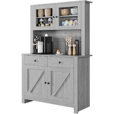 Farmhouse Pantry Cabinet, Kitchen Pantry Storage Cabinet with Microwave Stand, Rustic Buffet Sideboard with Sliding Door, Freestanding Cupboard