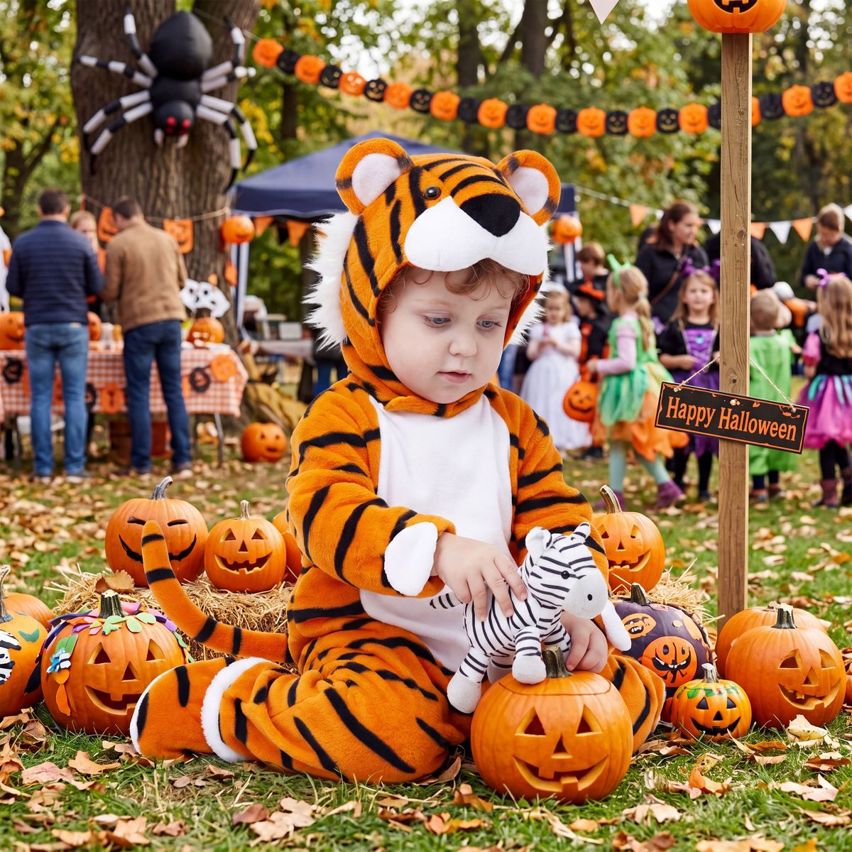 Joyfy Baby Halloween Costume Tiger Jumpsuit with Tail, Toddler One Piece Animal Suit with Hat for Halloween Dress Up Party - thumbnail 2
