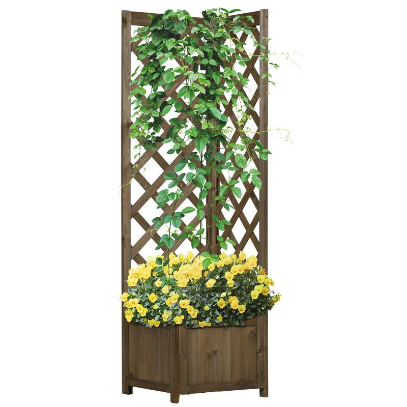 Outsunny Rustic Corner Planter with Trellis, Wooden Raised Garden Boxes Flower Bed for Backyard, Patio, Deck, Corner Use, Carbonized Color, 1 of 7
