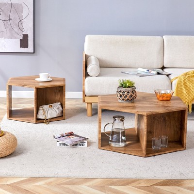 CAVINAS Coffee Tables for Living Room Modern Hexagonal Coffee Table Pattern Stickers Multi-hole Design Tea Table for Dining Room and Bedroom
