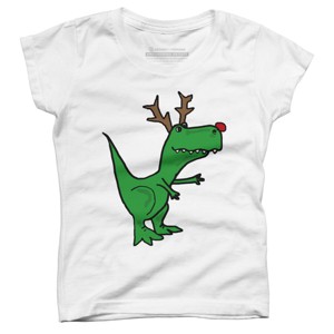 Girl's Design By Humans Cool Funny Christmas T-Rex Dinosaur with Antlers By SmileToday T-Shirt - 1 of 3