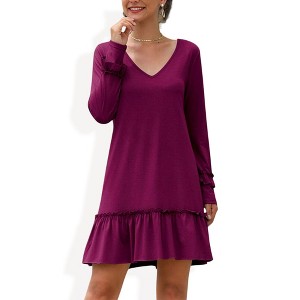 Anna-Kaci Women's Long Sleeve V Neck Ruffle Hem Mini Dress with Flowy Silhouette - 1 of 4