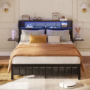 Bestier Full/King/Queen Size Bed Frame Upholstered Headboard Bed, LED Platform Bed with Foldable Trip Shelves & Storage Headboard Charge Station - 1 of 4