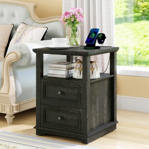 MUUEGM 18.1" Farmhouse Night Stand| Rustic Wood End Table with Charging Station, Open Shelf, 2 Storage Drawers - 1 of 4