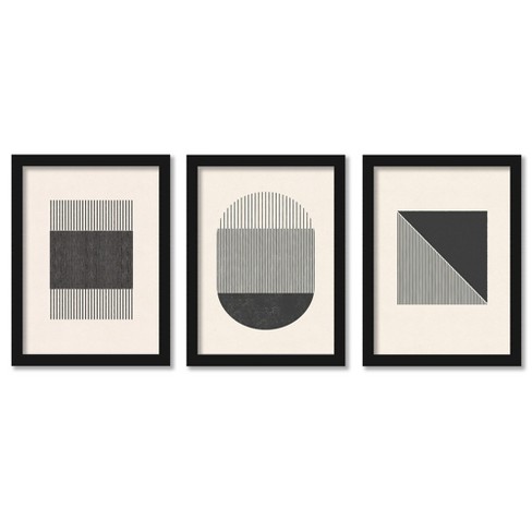 (set Of 3) Woodblock Shapes And Line By Roseanne Kenny Black Framed ...