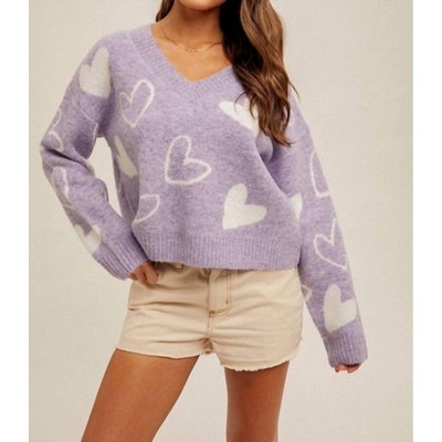 Women's HEART V-NECK SWEATER TOP in Lavender - Hem & Thread