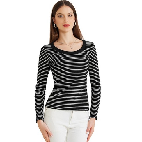 Allegra K Women's Stripe Stretch Scoop Neck Long Sleeve Casual Basic Top - image 1 of 4