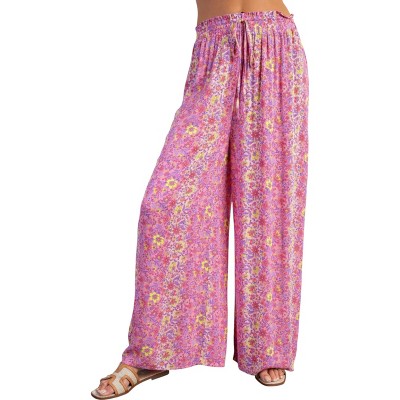 Slickblue Women's Floral Gauze Palazzo Pant, Smocked Waist with Tie, Wide Leg Fit, Pink, Size S-L