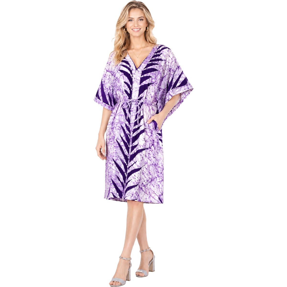 LA LEELA Summer Cotton Women Holiday Caftan Dress Resortwear Vacation Cruise Loungewear Maternity Friendly Travel Wear 2X-3X Purple Leaf