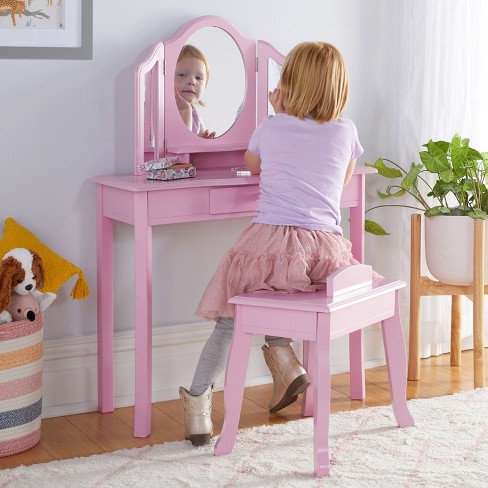 Guidecraft Kids Vanity and Stool Set Pink Children s Princess Pretend Play Dress Up Desk and Makeup Mirror with Storage Drawer