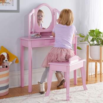 Guidecraft Kids' Vanity and Stool Set: Little Girls Pretend Play Dress Up Desk and Makeup Mirror with Storage Drawer and Chair