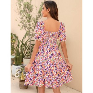 Floral Print Maternity Dress Short Puff Sleeve Square Neck Ruffle Hem Casual Swing Pregnancy Dresses - 1 of 3