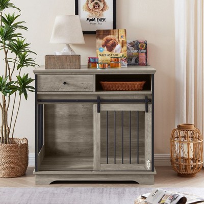 Dog Crate Furniture, Dog Crate with Sliding Barn Door, 35" Dog Kennel Furniture Heavy Duty Wood Crates for Small/Medium/Large Dogs Kennel Indoor Grey
