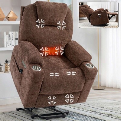 Heavy Duty Power Lift Recliner Chair with Lumbar Heat,8 Point Massage Recliner with Cup Holder,Brown Chenille Recliner for Living Room-Coolbibila