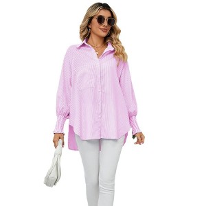 Coolmee Women's Striped Button Down Shirts Long Sleeve Smocked Cuffed Oversized Boyfriend Blouses Collared Work No Pockets Tops - 1 of 4