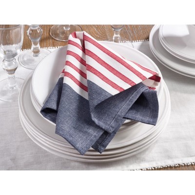 Navy Blue and Red Striped Cotton Napkins, 20" Square, Set of 4