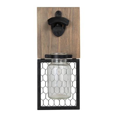 Rustic Wood and Chicken Wire Wall Mount Beer Bottle Opener with Glass Basket - Foreside Home & Garden