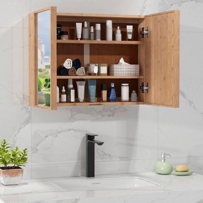 Natural Bamboo Double Door Medicine Cabinet with Mirror and Adjustable Shelves