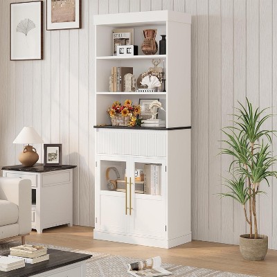 Nasitip 70" Kitchen Pantry Cabinet with Open Shelves, Fluted Drawer and Glass Doors, Wood Display Cabinet for Kitchen, Living Room