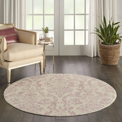 Jubilant Ivory and Pink Round Synthetic Area Rug, 5'3"