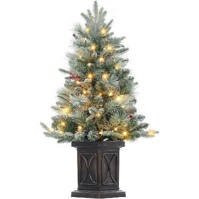 3ft Christmas Tree, Pre-Lit Artificial Christmas Tree with 78 Led Lights, Snowflakes and Red Berries, Xmas Tree with Brown Vintage Potted Base