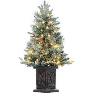 3ft Christmas Tree, Pre-Lit Artificial Christmas Tree with 78 Led Lights, Snowflakes and Red Berries, Xmas Tree with Brown Vintage Potted Base - 1 of 4