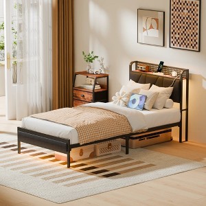 Twin Size Metal Smart Bed Frames with Upholstered Headboard, LED Lights, USB Ports and Outlets, Storage Shelves & Underbed - 1 of 4