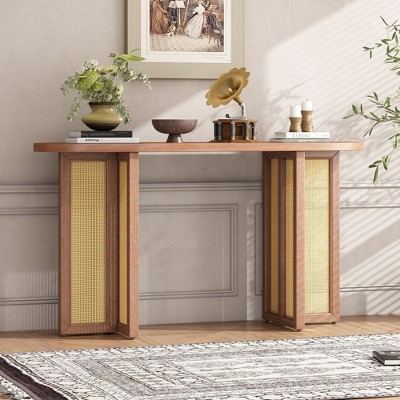 NicBex Farmhouse Console Table with Rattan Cross Legs,Narrow Solid Wood Entryway Table for Living Room,Hallway,Entryway