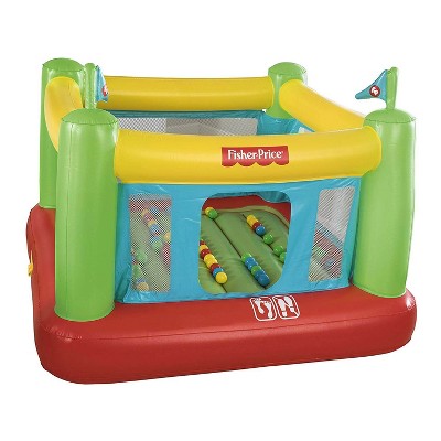 Bestway Fisher Price Indoor Kids Bouncesational Inflatable Bouncer Bounce House with Built-in Pump, See-through Mesh, and 50 Multicolored Play Balls