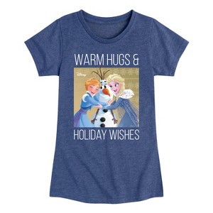 Girls' - Frozen 2 - Elsa Anna and Olaf Warm Hugs Holiday Wishes Fitted Short Sleeve Graphic T-Shirt - 1 of 4