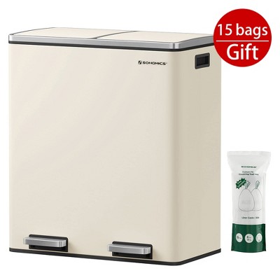 Trash Can, 16 Gallon (60 L) Garbage Can for Kitchen, with 15 Trash Bags, 2 Compartments, Plastic Inner Buckets and Hinged Lids, Airtight