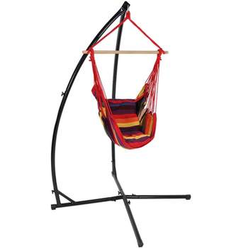 Sunnydaze Double Cushion Hanging Rope Hammock Chair Swing with X-Stand for Backyard or Patio - 250 lb Weight Capacity