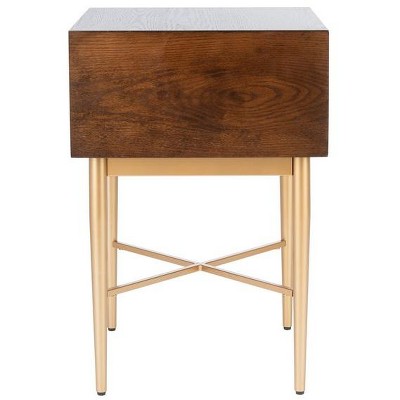 Pierre Sleek Gold Metal and Walnut One Drawer Nightstand