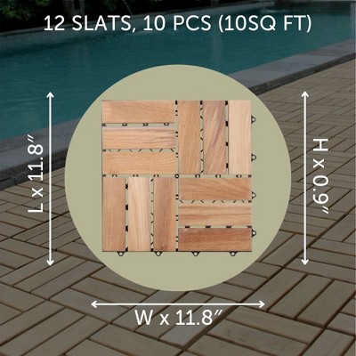 Natural Teak Wood Interlocking Deck Tiles, 12 Slat, 10 sq ft