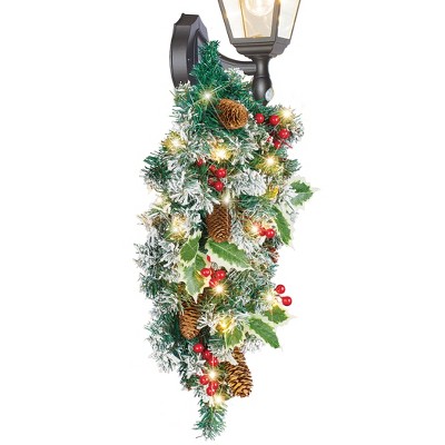 Collections Etc Lighted Holly Berry Pine Holiday Swag, Battery-Operated with 6-hour Timer