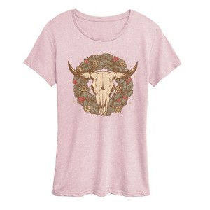 Women's - Instant Message - Cow Skull Wreath Short Sleeve Graphic T-Shirt - 1 of 4
