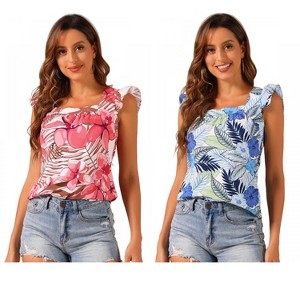 INSPIRE CHIC Women's Tropical Floral Printed Square Neck Ruffle Sleeve Tank Top 2 Packs - 1 of 4