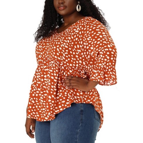 Agnes Orinda Women's Plus Size Fashion V Neck 3/4 Flounce Sleeve Babydoll  Blouses Orange 4X