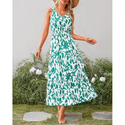 Womens Summer Dress V Neck Elastic Waist Sleeveless Floral Elegant Casual Maxi Dress