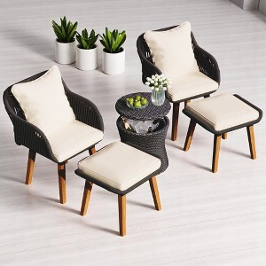 5-Piece Outdoor Patio Furniture Set with PP Rope Weaving Chairs, Pop-Up Cool Bar Table, and Acacia Wood Feet - 1 of 4