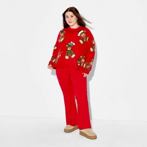 Women's Teddy Bear Print Festive Graphic Sweater - Red - 1 of 3