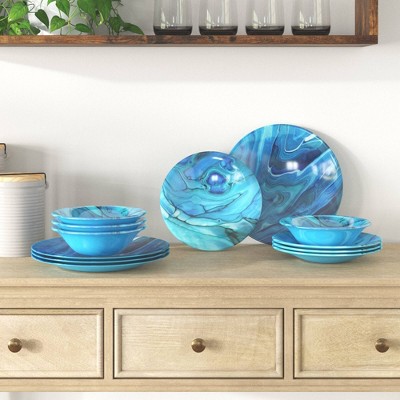 Blue Coastal Melamine Dinnerware Set, Service for 4