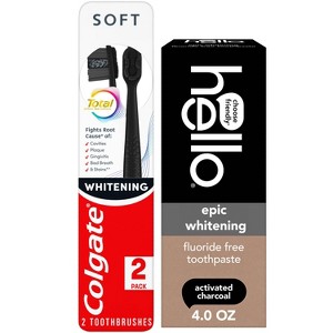 hello 4oz Charcoal Fluoride-Free Fresh Mint Whitening Toothpaste + Colgate 2 Count Total Active Prevention Whitening Soft Toothbrush - 1 of 4