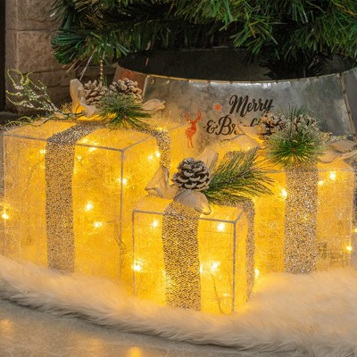 Dazzle Bright Set of 3 Christmas Lighted Gift Boxes 60 LED Light Up Tinsel Present Box Decorations