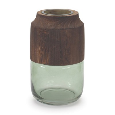 Melrose Sage Glass Vase with Wood Accent 9"H