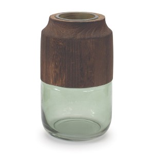 Sage Glass Vase with Wood Accent 9"H - 1 of 4